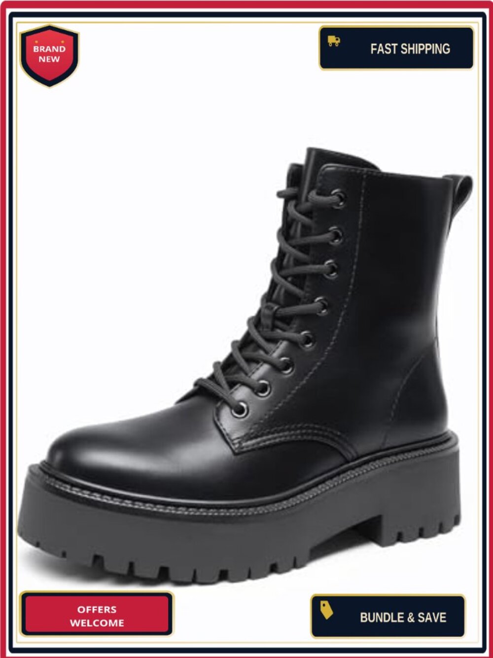 Women's Faux Leather Platform Combat Ankle Boots with Side Zipper, Lug Sole,